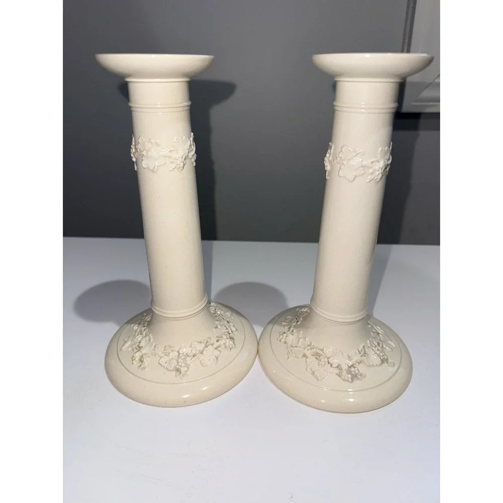 Wedgwood Embossed Queensware PAIR of 8 1/4 in. candlesticks cream‎ on cream